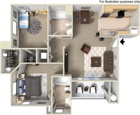 Floor plan for 2 beds, 2 baths, 1027 sqft